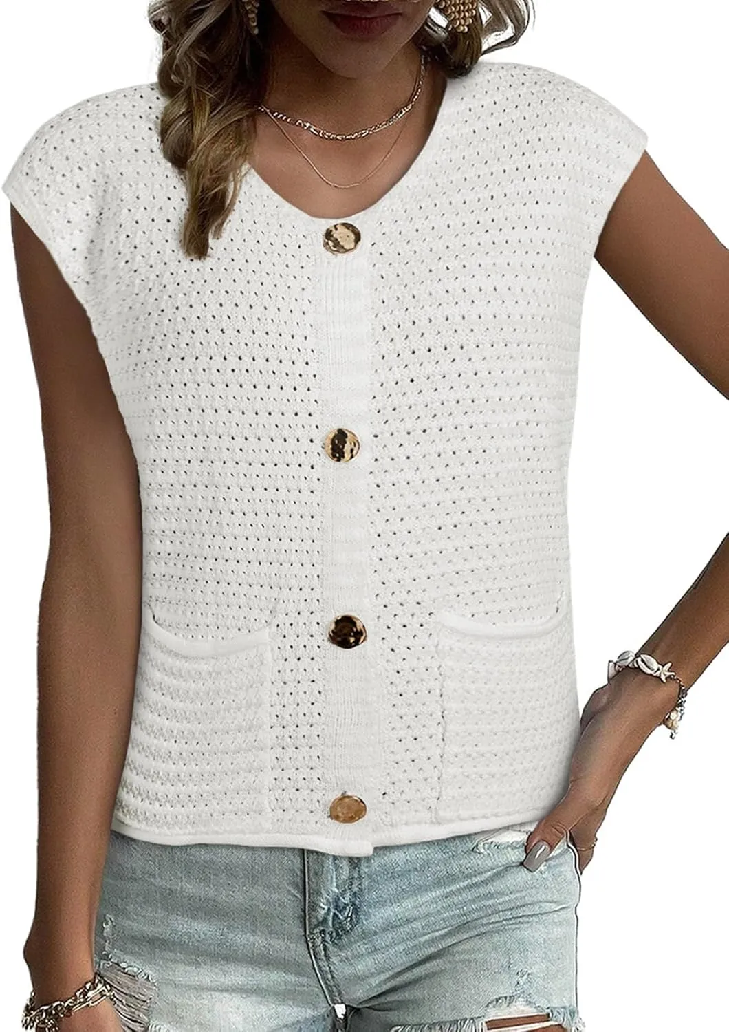 EVALESS Casual Cropped Crochet Cardigan Sweaters for Women Trendy Summer V Neck Sleeveless Sweater Vest Button Up Cardigans