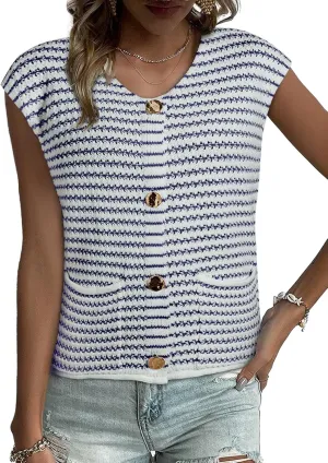 EVALESS Casual Cropped Crochet Cardigan Sweaters for Women Trendy Summer V Neck Sleeveless Sweater Vest Button Up Cardigans
