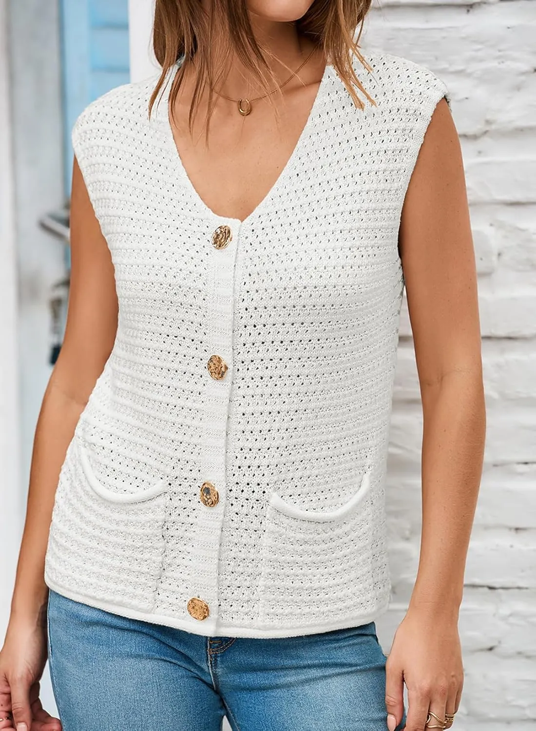 EVALESS Casual Cropped Crochet Cardigan Sweaters for Women Trendy Summer V Neck Sleeveless Sweater Vest Button Up Cardigans