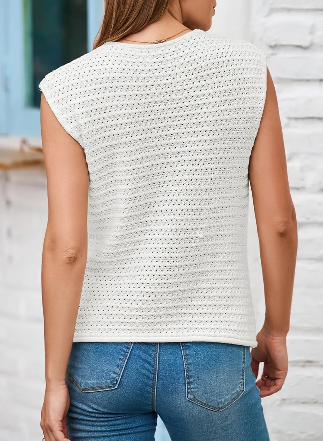 EVALESS Casual Cropped Crochet Cardigan Sweaters for Women Trendy Summer V Neck Sleeveless Sweater Vest Button Up Cardigans