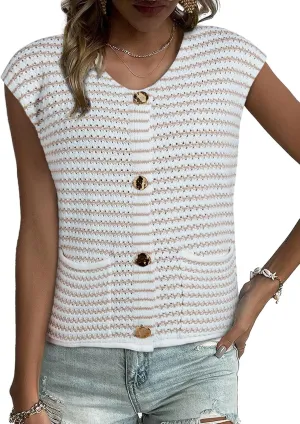 EVALESS Casual Cropped Crochet Cardigan Sweaters for Women Trendy Summer V Neck Sleeveless Sweater Vest Button Up Cardigans