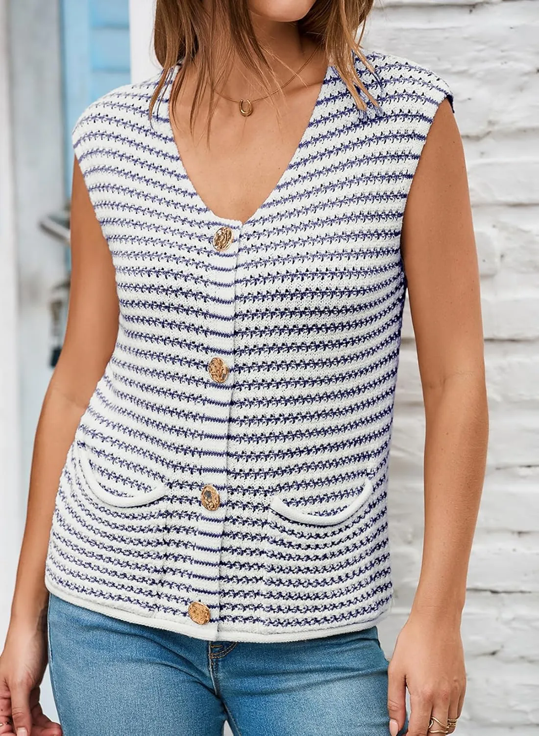 EVALESS Casual Cropped Crochet Cardigan Sweaters for Women Trendy Summer V Neck Sleeveless Sweater Vest Button Up Cardigans