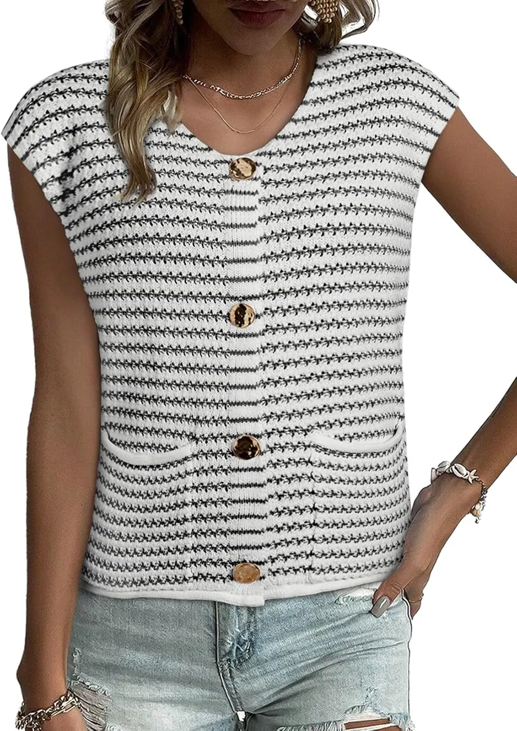 EVALESS Casual Cropped Crochet Cardigan Sweaters for Women Trendy Summer V Neck Sleeveless Sweater Vest Button Up Cardigans