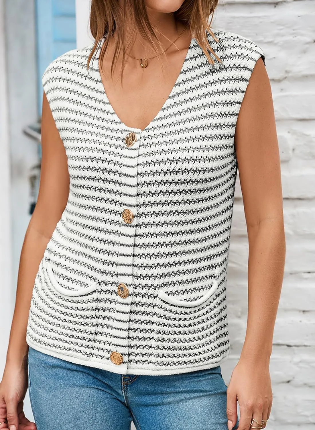 EVALESS Casual Cropped Crochet Cardigan Sweaters for Women Trendy Summer V Neck Sleeveless Sweater Vest Button Up Cardigans