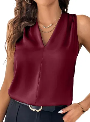 EVALESS Womens Pleated Tank Tops V Neck Casual Sleeveless Blouses Summer Basic Vest Shirt