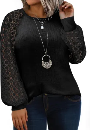 Eytino Plus Size Tops for Women Lace Long Sleeve Round Neck Casual Loose Blouses T Shirts(1X-5X)