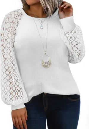 Eytino Plus Size Tops for Women Lace Long Sleeve Round Neck Casual Loose Blouses T Shirts(1X-5X)