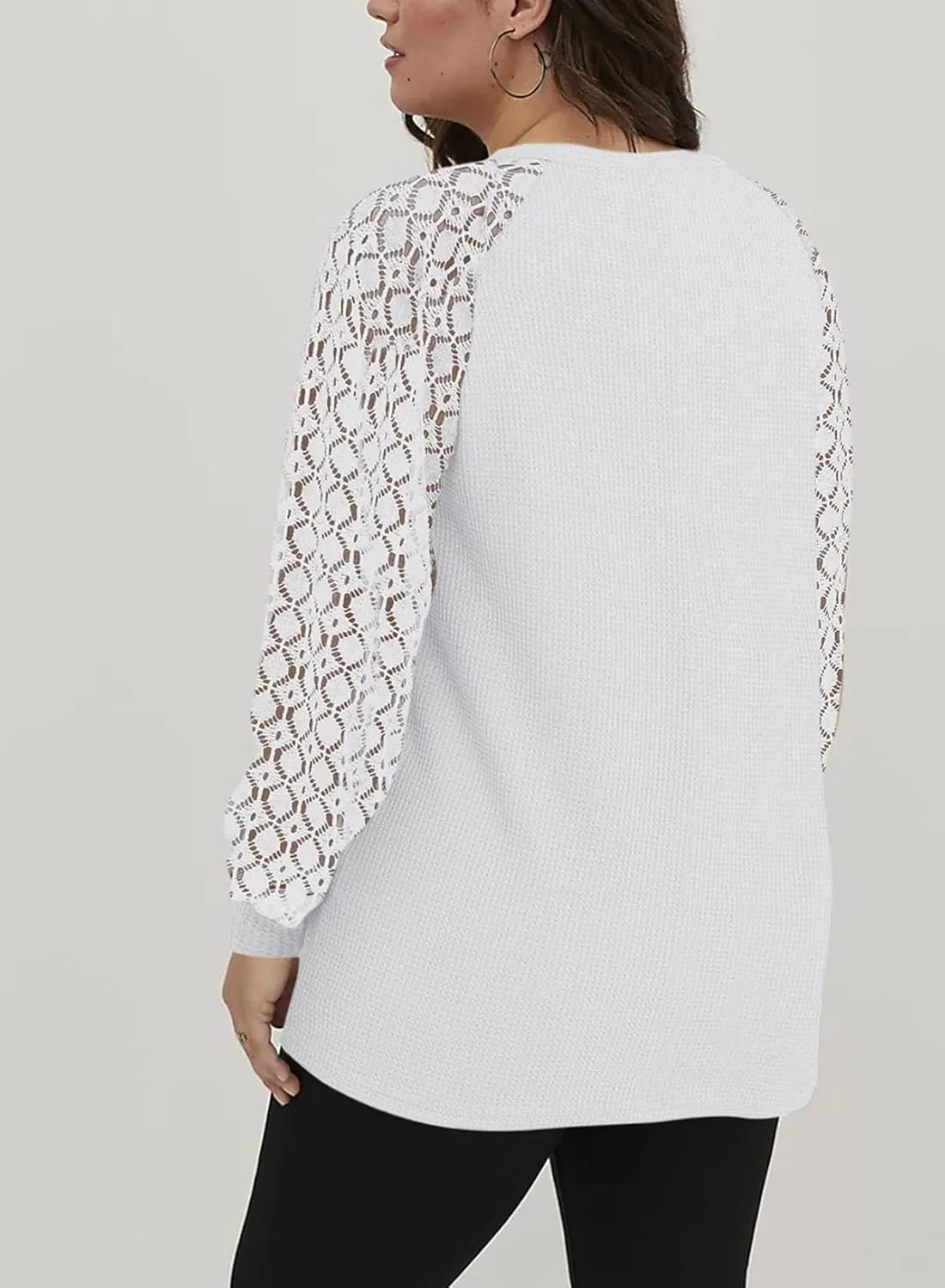 Eytino Plus Size Tops for Women Lace Long Sleeve Round Neck Casual Loose Blouses T Shirts(1X-5X)