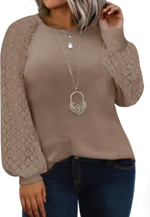 Eytino Plus Size Tops for Women Lace Long Sleeve Round Neck Casual Loose Blouses T Shirts(1X-5X)