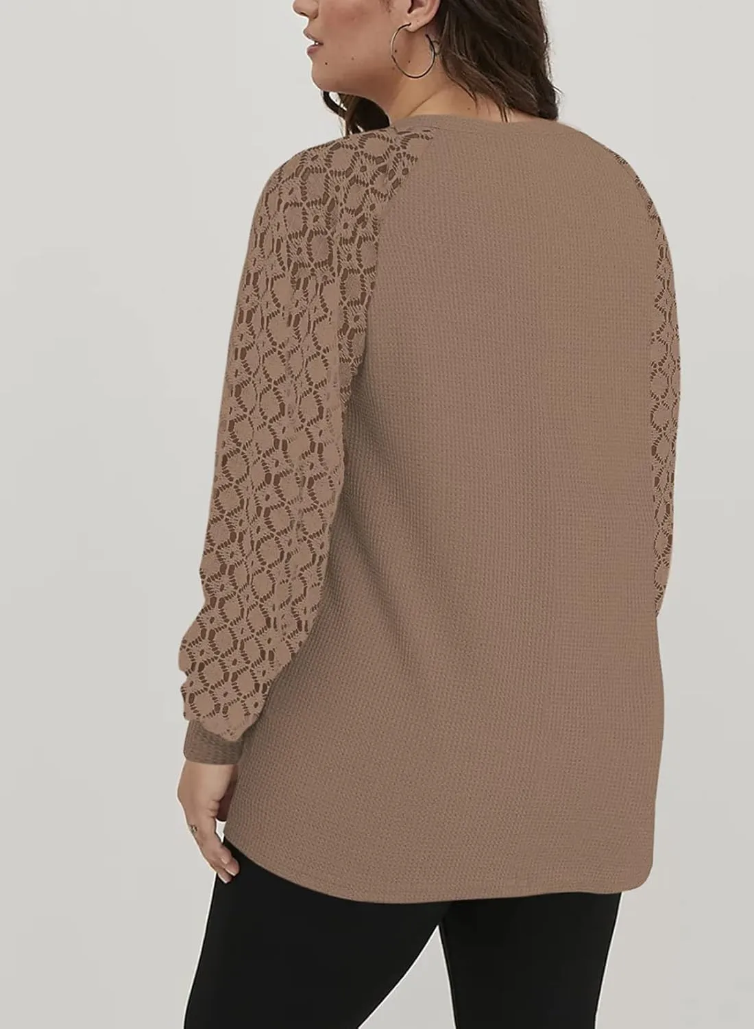 Eytino Plus Size Tops for Women Lace Long Sleeve Round Neck Casual Loose Blouses T Shirts(1X-5X)