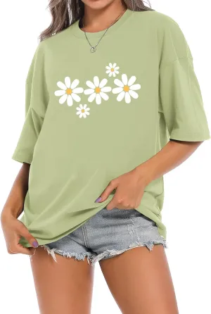Faktuzi Daisy Shirts for Women Oversized T Shirts Flower Graphic Tees Vintage Floral Print Crewneck Cotton Short Sleeve Tops