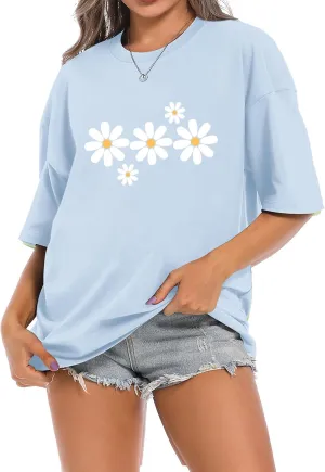Faktuzi Daisy Shirts for Women Oversized T Shirts Flower Graphic Tees Vintage Floral Print Crewneck Cotton Short Sleeve Tops