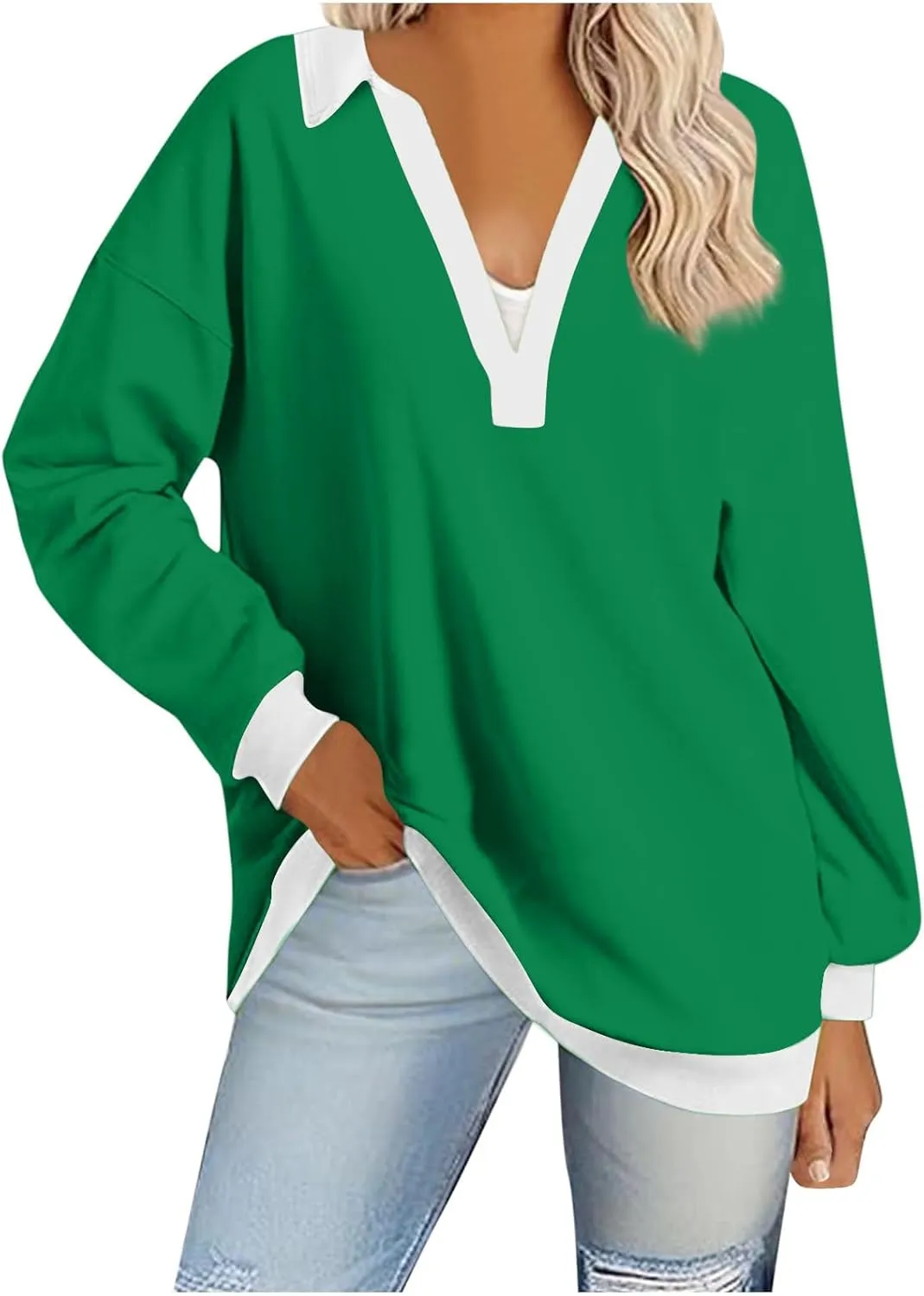 Fall Sweatshirts For Women Casual Long Sleeve Collared v Neck Sweatshirt Shirts Loose Pullover Tops Trendy 2024
