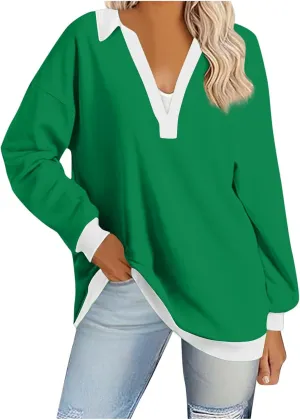 Fall Sweatshirts For Women Casual Long Sleeve Collared v Neck Sweatshirt Shirts Loose Pullover Tops Trendy 2024