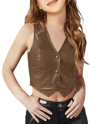 Fallorchid Girls Faux Leather Vest Fashion Button Sleeveless Tank Tops Cute V Neck Jacket Waistcoat