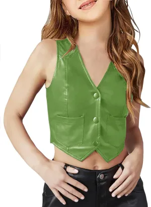 Fallorchid Girls Faux Leather Vest Fashion Button Sleeveless Tank Tops Cute V Neck Jacket Waistcoat