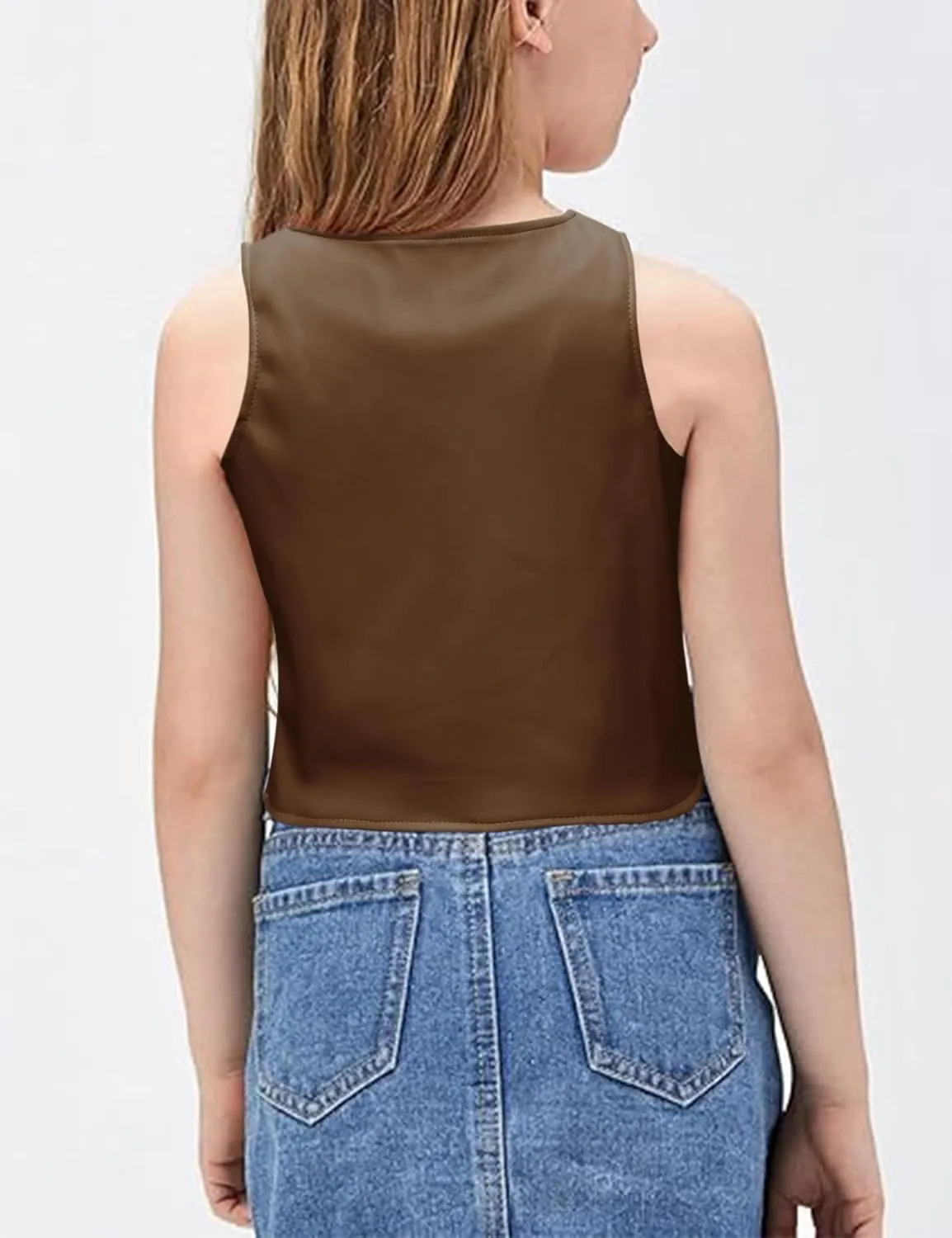 Fallorchid Girls Faux Leather Vest Fashion Button Sleeveless Tank Tops Cute V Neck Jacket Waistcoat