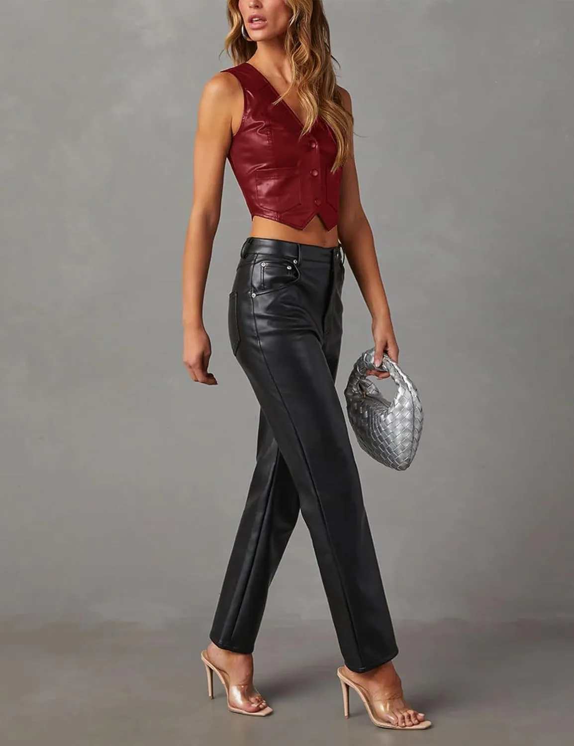 Fallorchid Women's Button Up Sleeveless Vest Crop Tops Sexy V Neck Faux Leather Jacket Waistcoat
