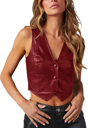 Fallorchid Women's Button Up Sleeveless Vest Crop Tops Sexy V Neck Faux Leather Jacket Waistcoat