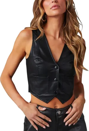 Fallorchid Women's Button Up Sleeveless Vest Crop Tops Sexy V Neck Faux Leather Jacket Waistcoat