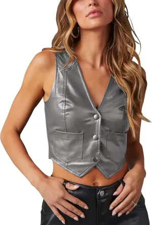 Fallorchid Women's Button Up Sleeveless Vest Crop Tops Sexy V Neck Faux Leather Jacket Waistcoat