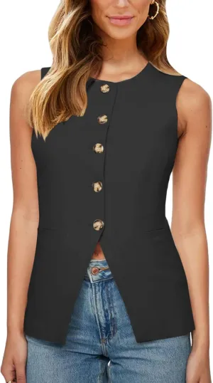 Fallorchid Womens Round Neck Suit Vest Sleeveless Button Business Jacket Waistcoat Top Black, Small