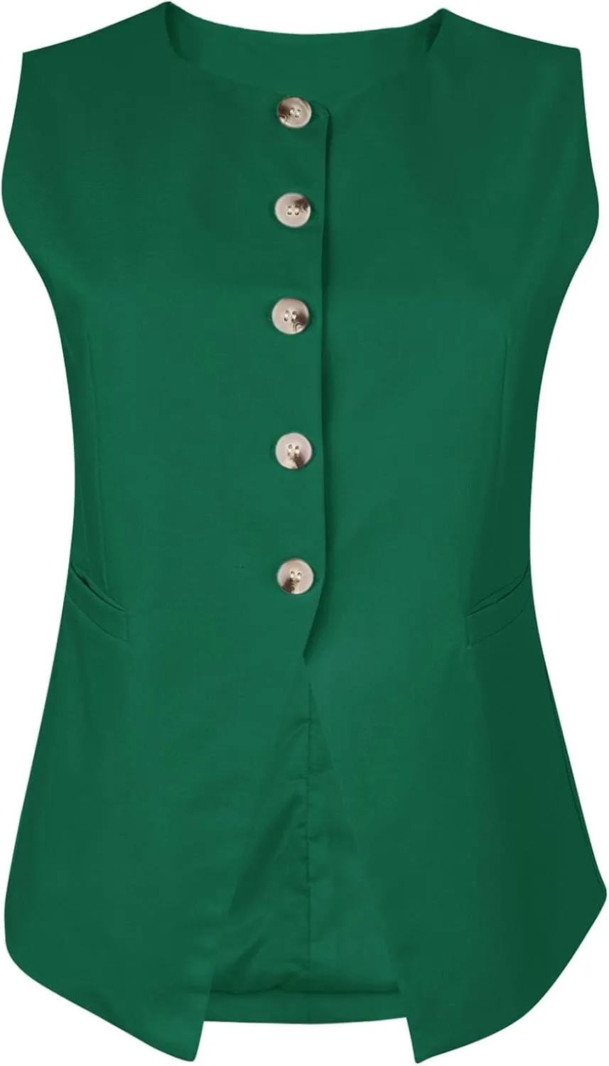 Fallorchid Womens Round neck Suit Vest Sleeveless Button Business Jacket Waistcoat Top