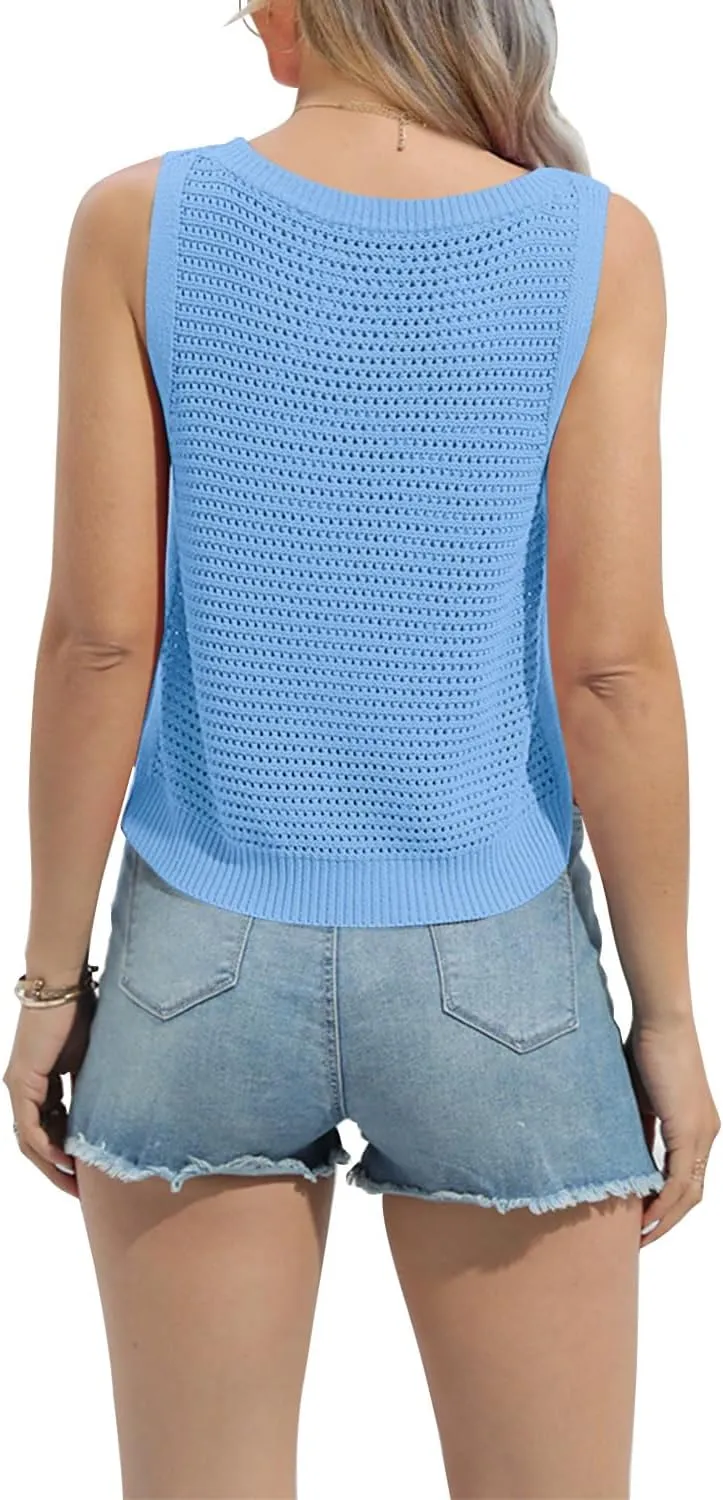 FISACE Womens Summer Knit Sweater Tank Tops Round Neck Crochet Hollow Out Sleeveless Casual Crop Shirt