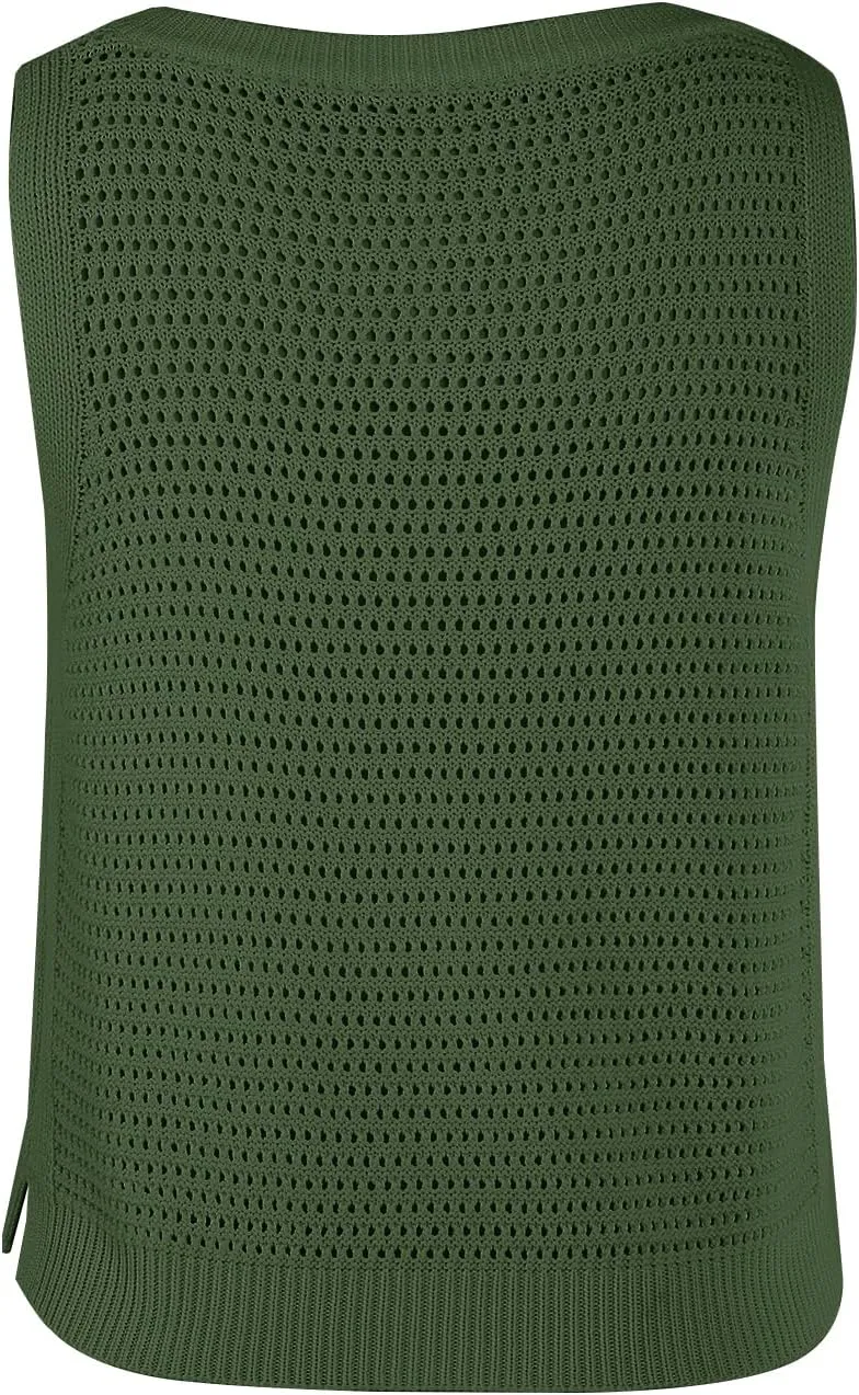 FISACE Womens Summer Knit Sweater Tank Tops Round Neck Crochet Hollow Out Sleeveless Casual Crop Shirt