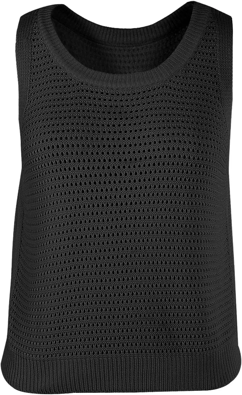FISACE Womens Summer Knit Sweater Tank Tops Round Neck Crochet Hollow Out Sleeveless Casual Crop Shirt