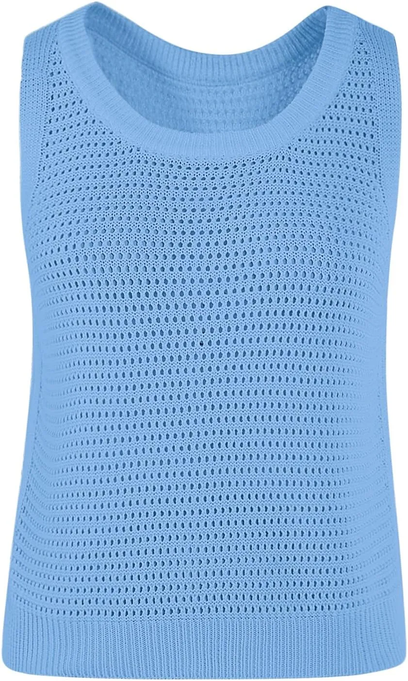 FISACE Womens Summer Knit Sweater Tank Tops Round Neck Crochet Hollow Out Sleeveless Casual Crop Shirt