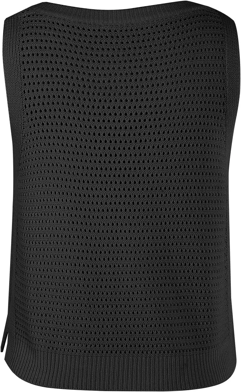FISACE Womens Summer Knit Sweater Tank Tops Round Neck Crochet Hollow Out Sleeveless Casual Crop Shirt