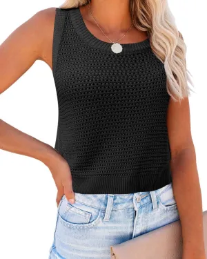 FISACE Womens Summer Knit Sweater Tank Tops Round Neck Crochet Hollow Out Sleeveless Casual Crop Shirt