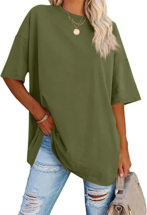 Fisoew Women's Oversized T Shirts Tees Half Sleeve Crew Neck Cotton Tunic Tops