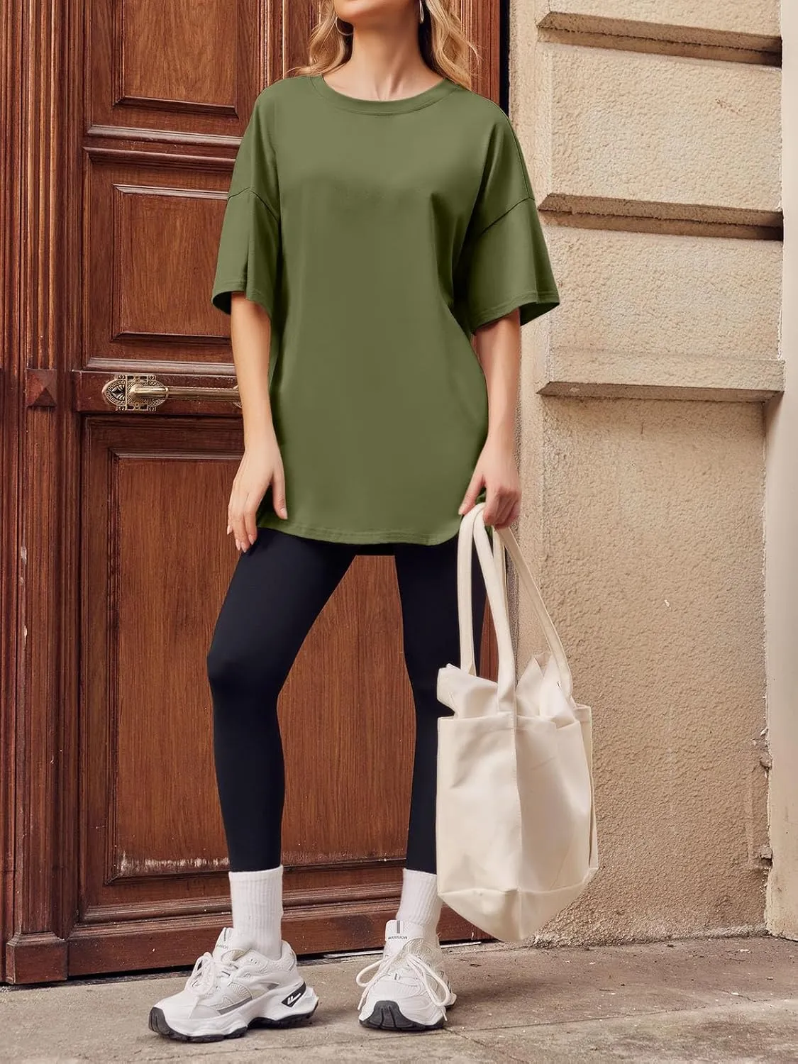Fisoew Women's Oversized T Shirts Tees Half Sleeve Crew Neck Cotton Tunic Tops