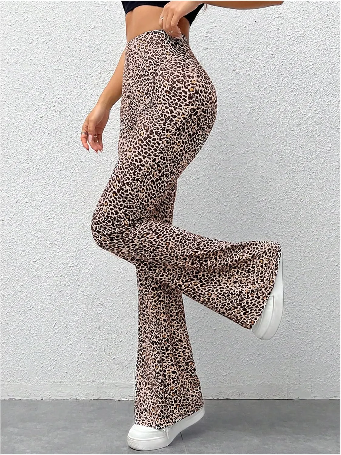 Floerns Women's Leopard Print High Waist Trousers Vintage Knitted Flare Leg Pants