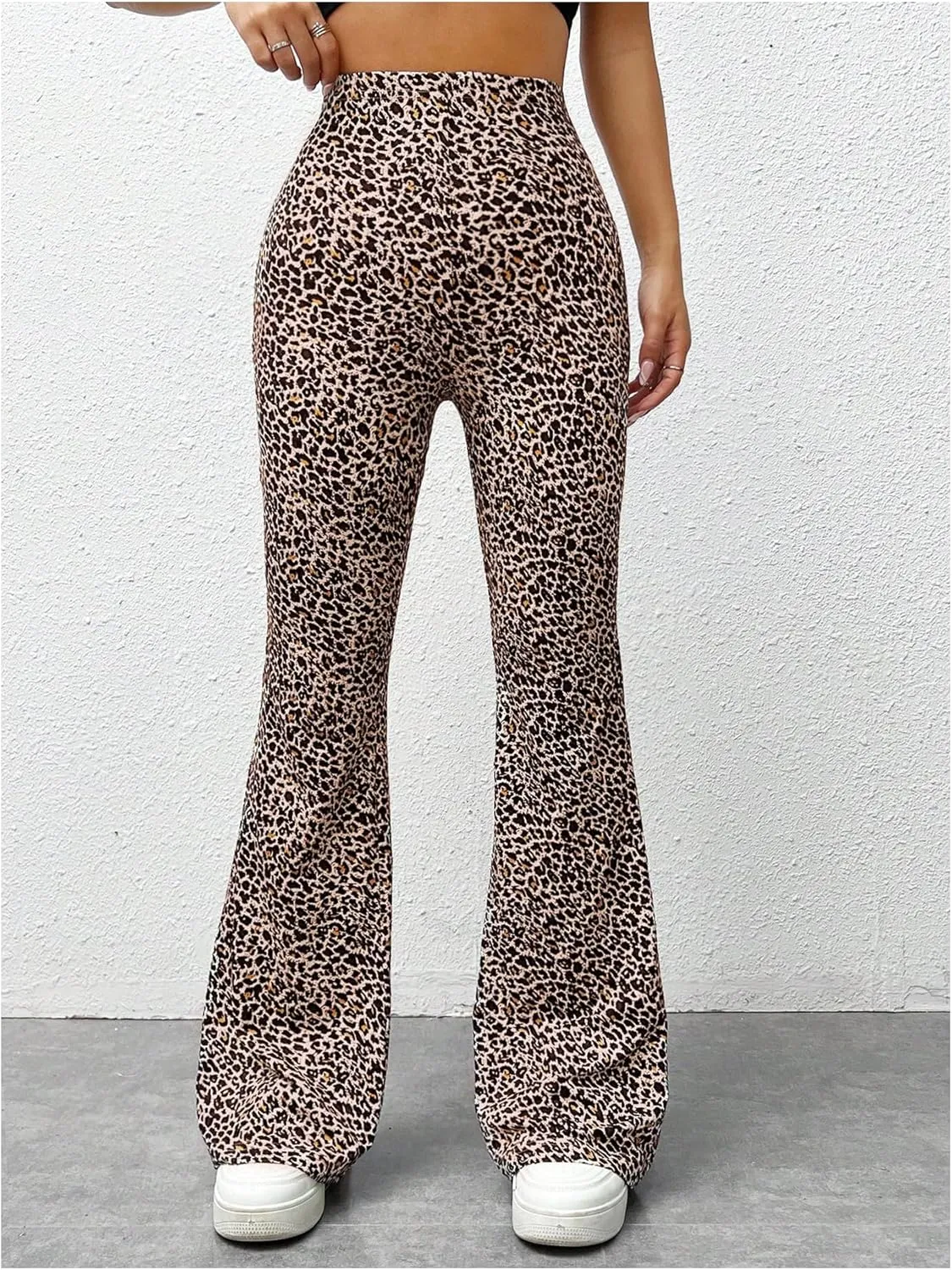 Floerns Women's Leopard Print High Waist Trousers Vintage Knitted Flare Leg Pants
