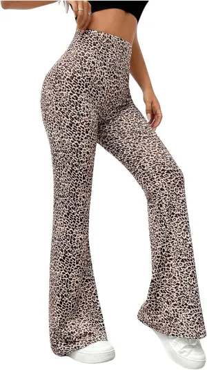 Floerns Women's Leopard Print High Waist Trousers Vintage Knitted Flare Leg Pants