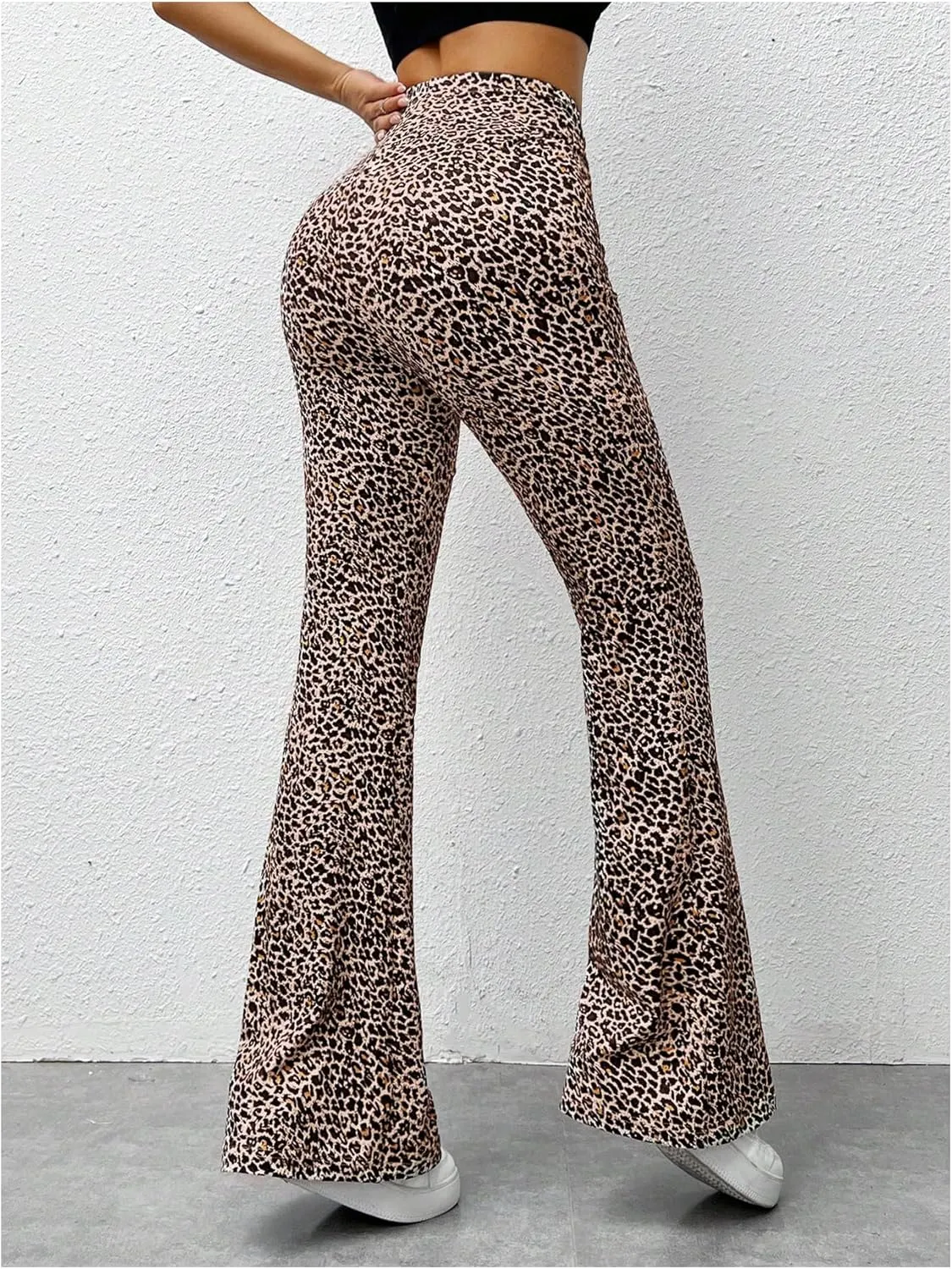 Floerns Women's Leopard Print High Waist Trousers Vintage Knitted Flare Leg Pants