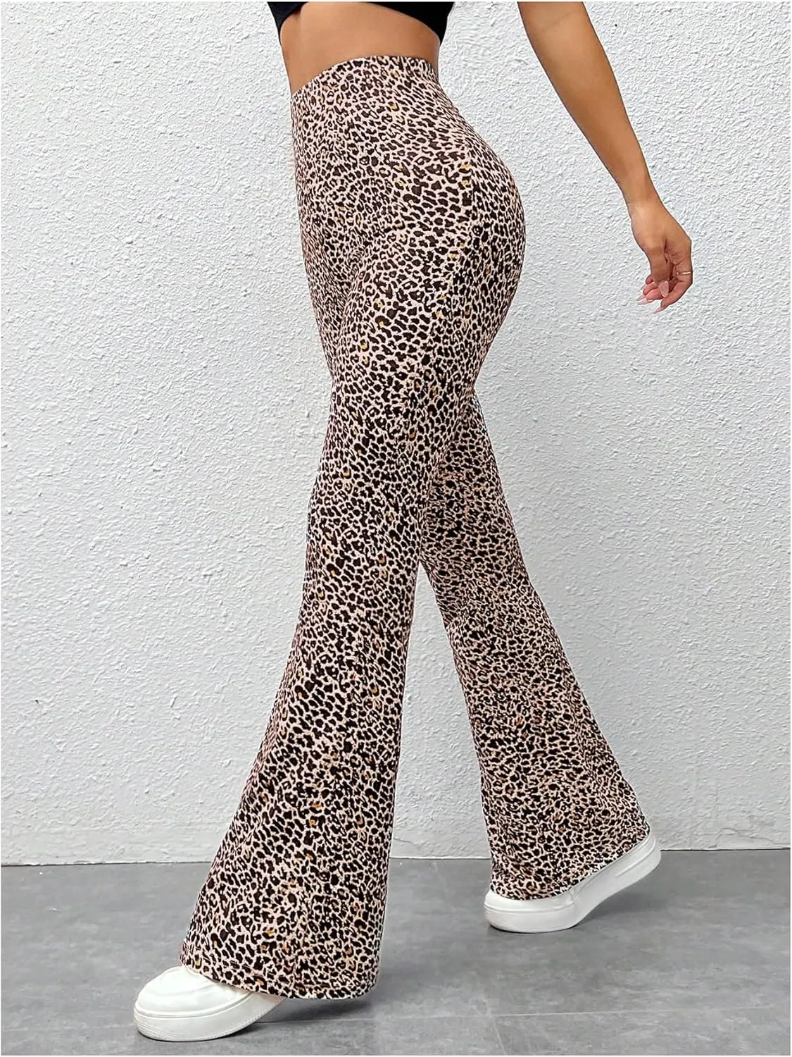 Floerns Women's Leopard Print High Waist Trousers Vintage Knitted Flare Leg Pants