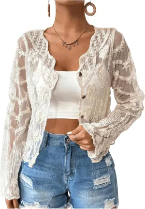 Floerns Women's Plus Size Sheer Mesh Long Sleeve Scallop Button Lightweight Cardigan