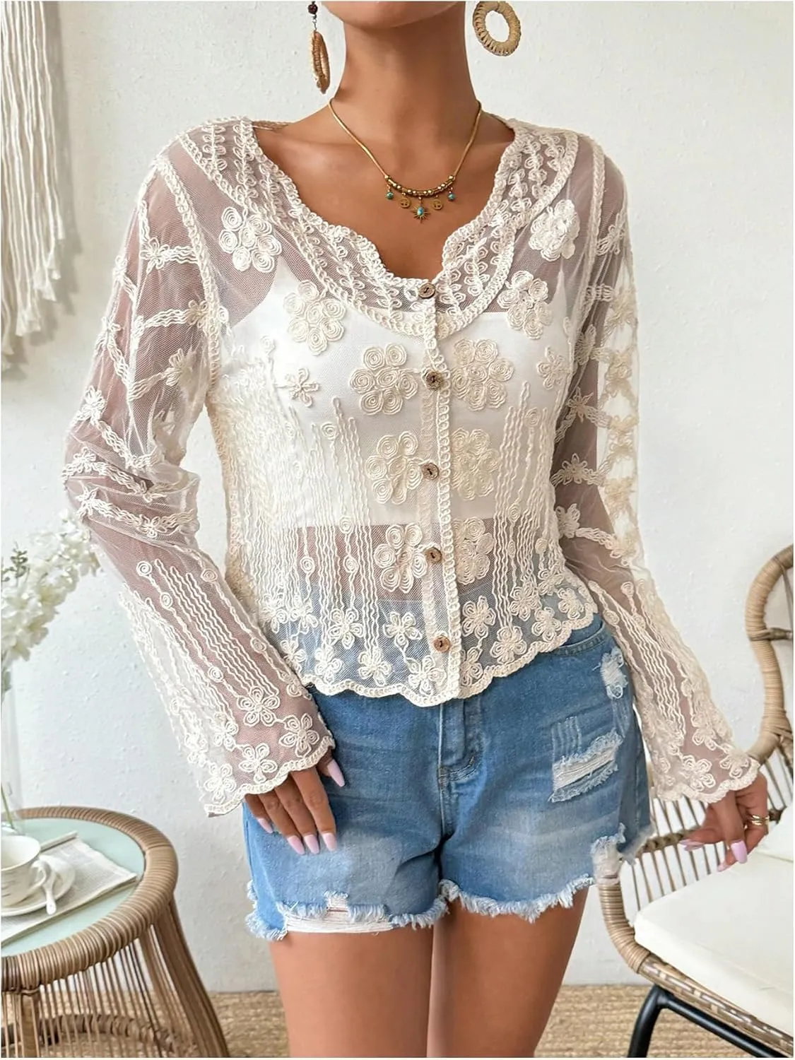 Floerns Women's Plus Size Sheer Mesh Long Sleeve Scallop Button Lightweight Cardigan