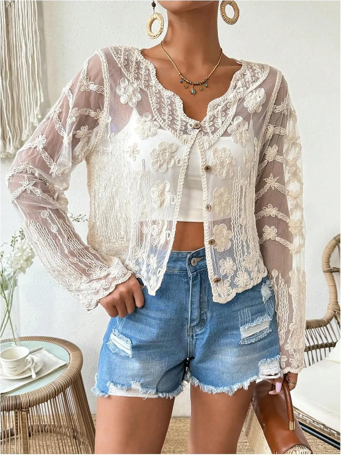 Floerns Women's Plus Size Sheer Mesh Long Sleeve Scallop Button Lightweight Cardigan