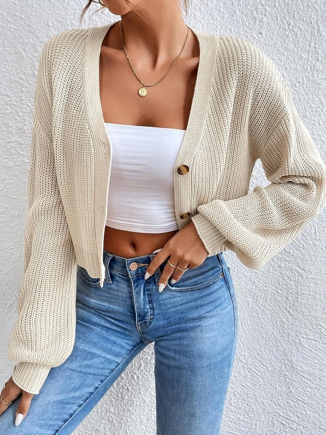 Floerns Women's Solid Long Sleeve Button Down V Neck Cardigan Crop Top Sweater