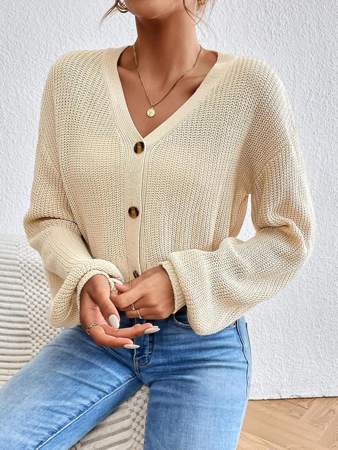 Floerns Women's Solid Long Sleeve Button Down V Neck Cardigan Crop Top Sweater