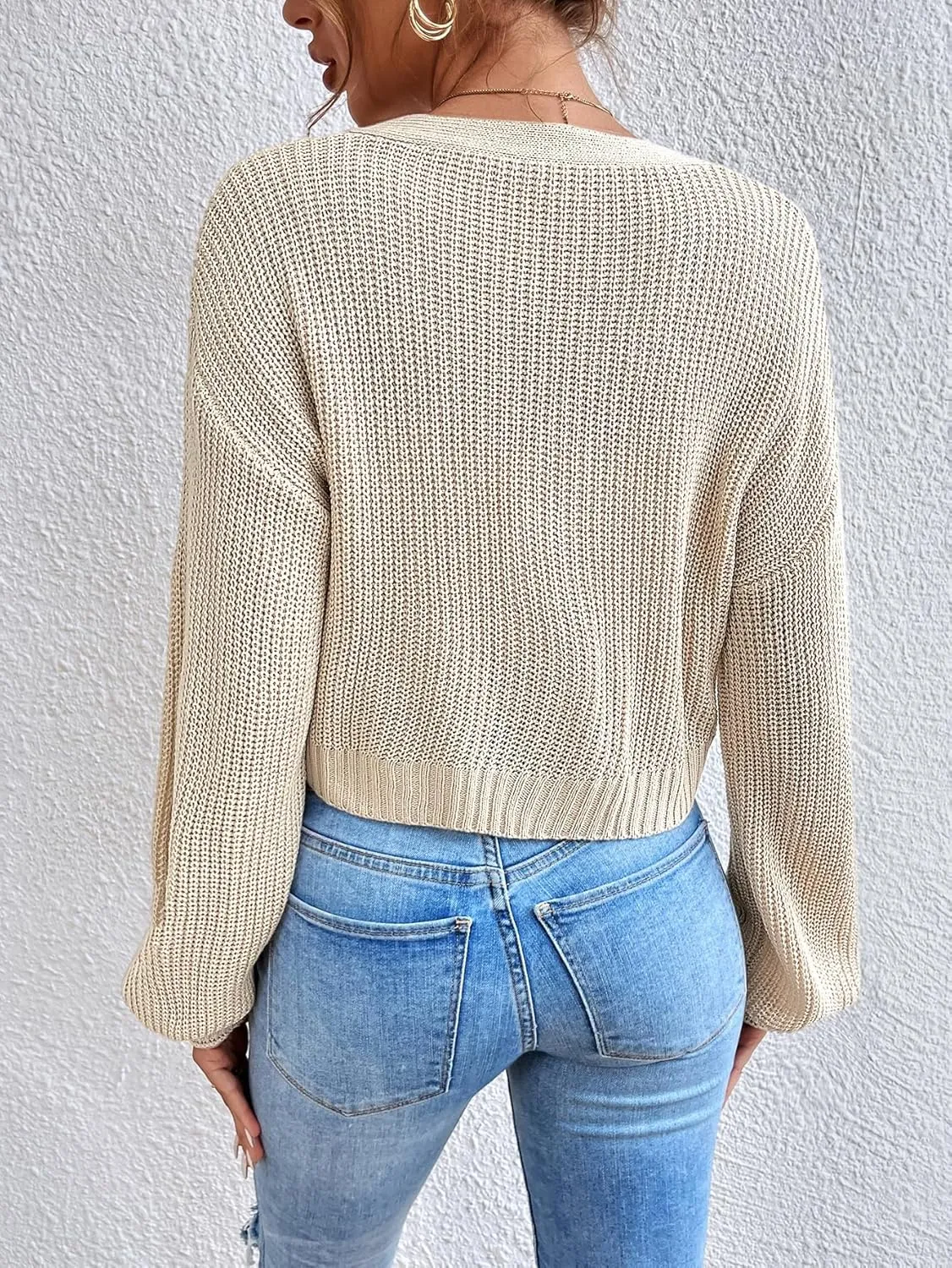 Floerns Women's Solid Long Sleeve Button Down V Neck Cardigan Crop Top Sweater