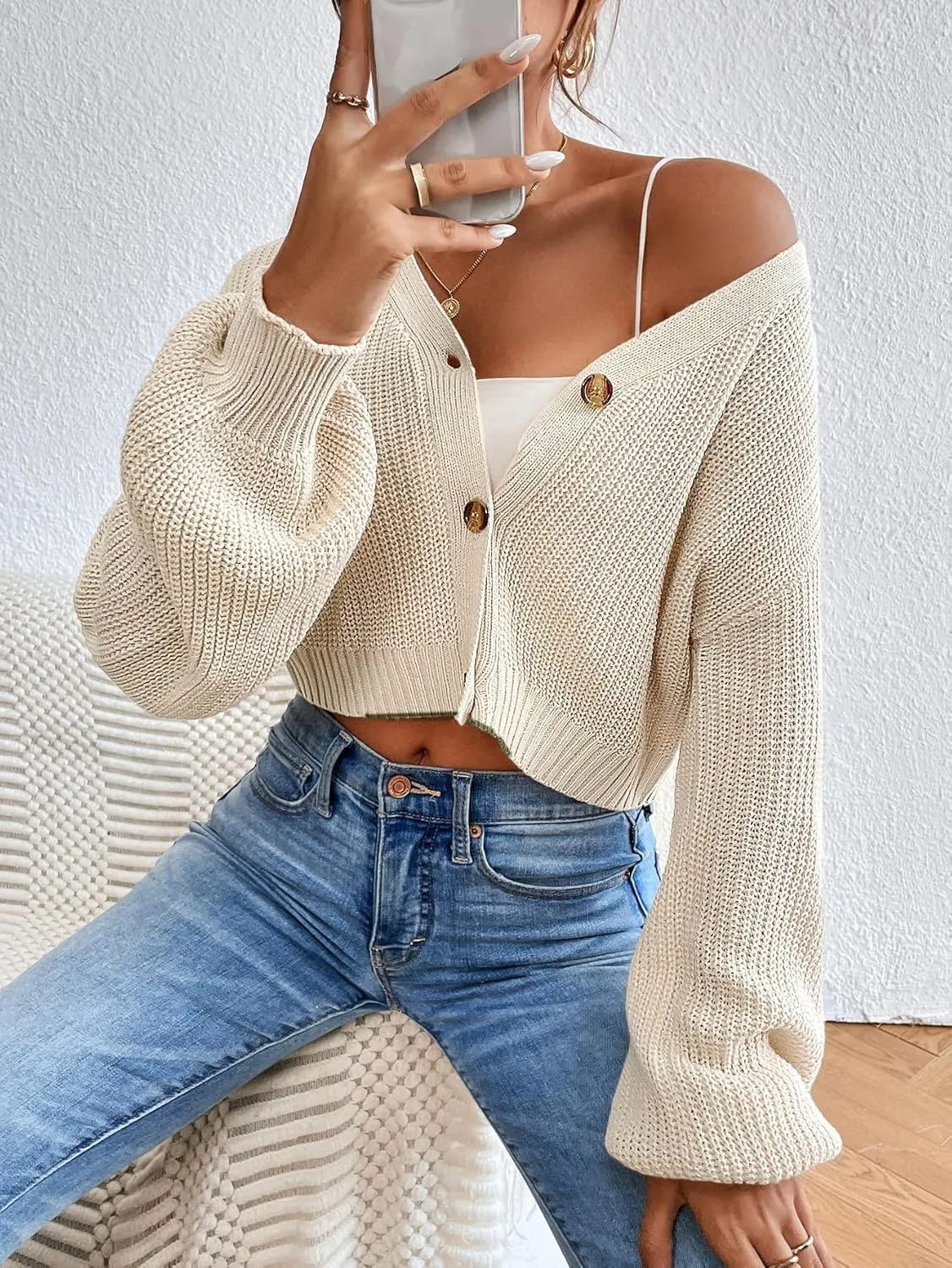 Floerns Women's Solid Long Sleeve Button Down V Neck Cardigan Crop Top Sweater