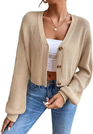 Floerns Women's Solid Long Sleeve Button Down V Neck Cardigan Crop Top Sweater