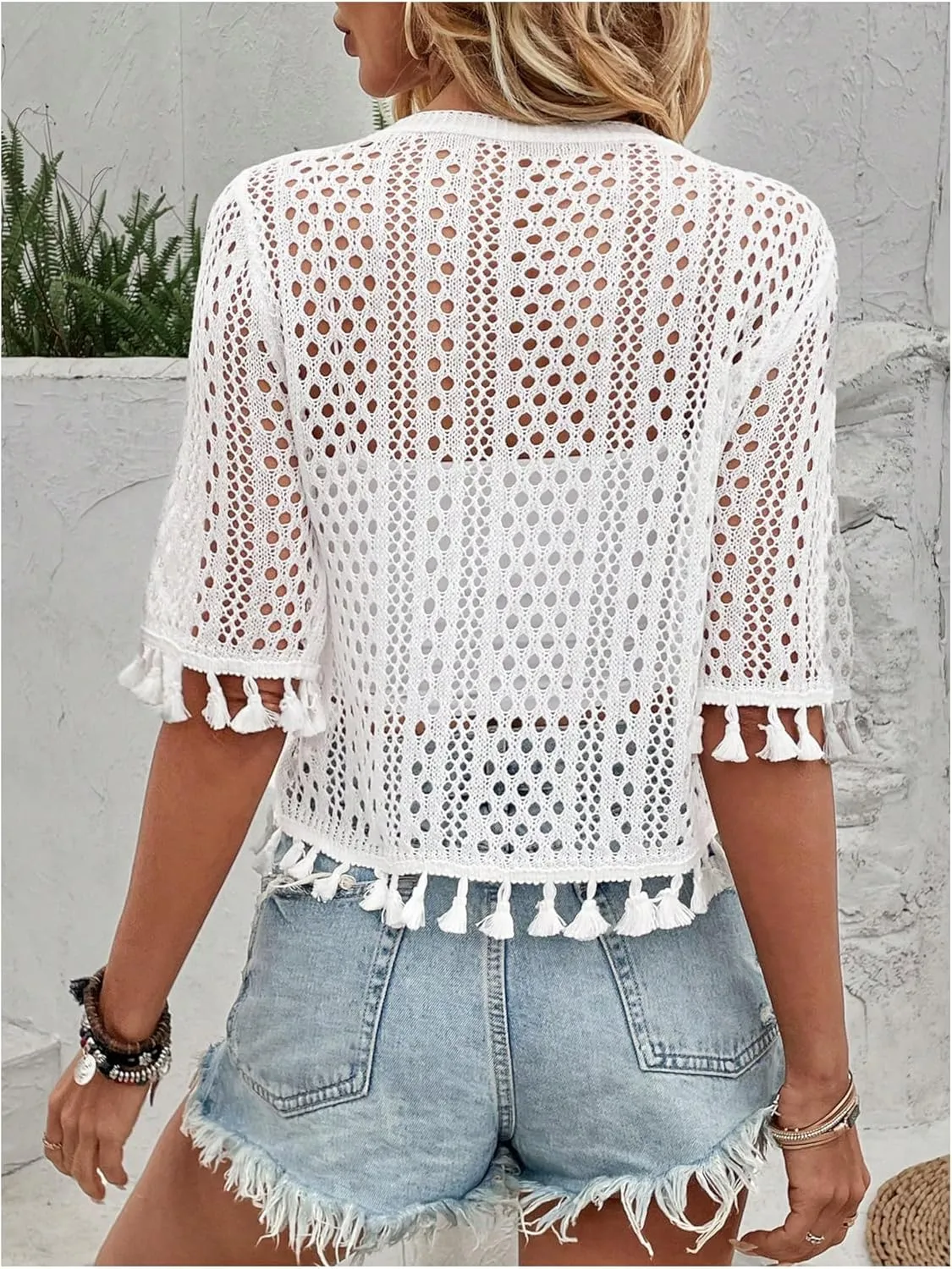 Floerns Women's Tassel Trim Half Sleeve Open Front Knitted Cardigan Sweater