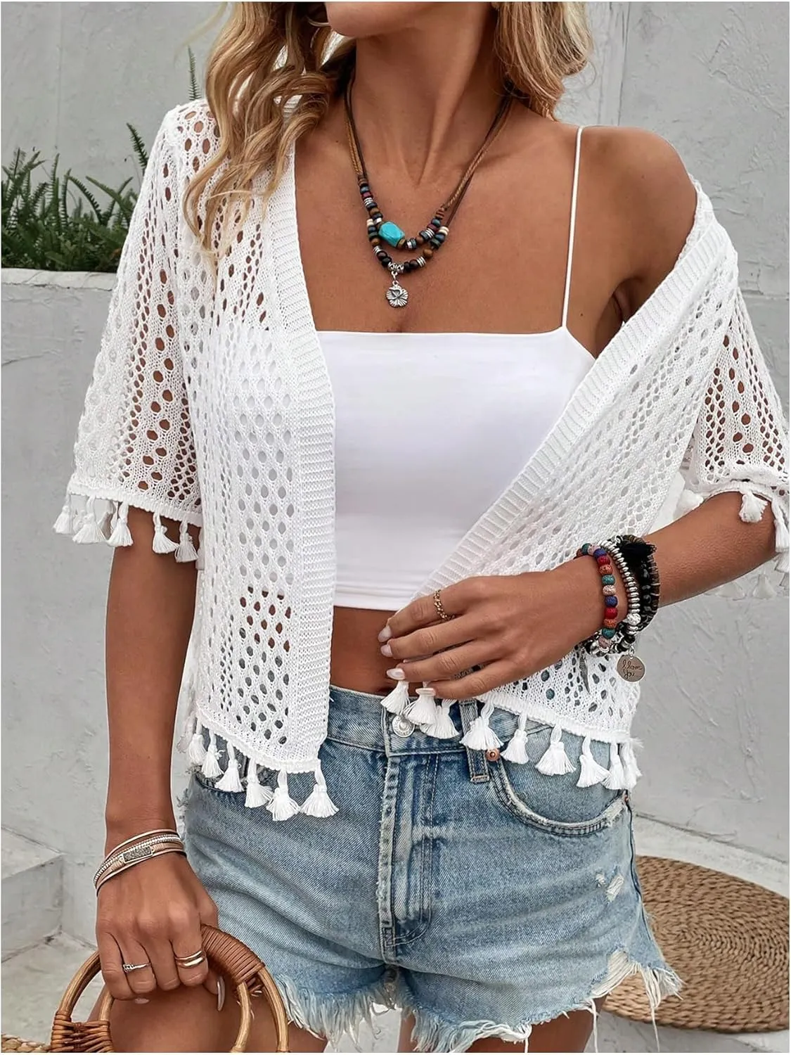 Floerns Women's Tassel Trim Half Sleeve Open Front Knitted Cardigan Sweater